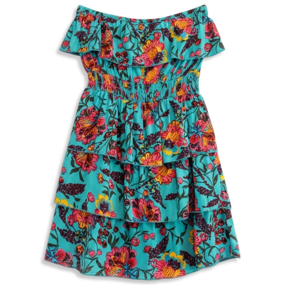 Poetry Strapless Dress Womens L Teal Floral Tiered Boho Festival Summer Vacation